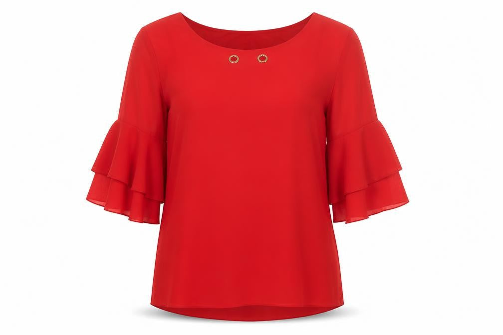 Front view of QUIZ Women's Red Flared Sleeve Top