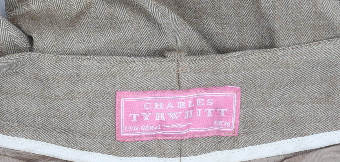 Charles Tyrwhitt Women's Beige Herringbone Wool Trousers - Size 16