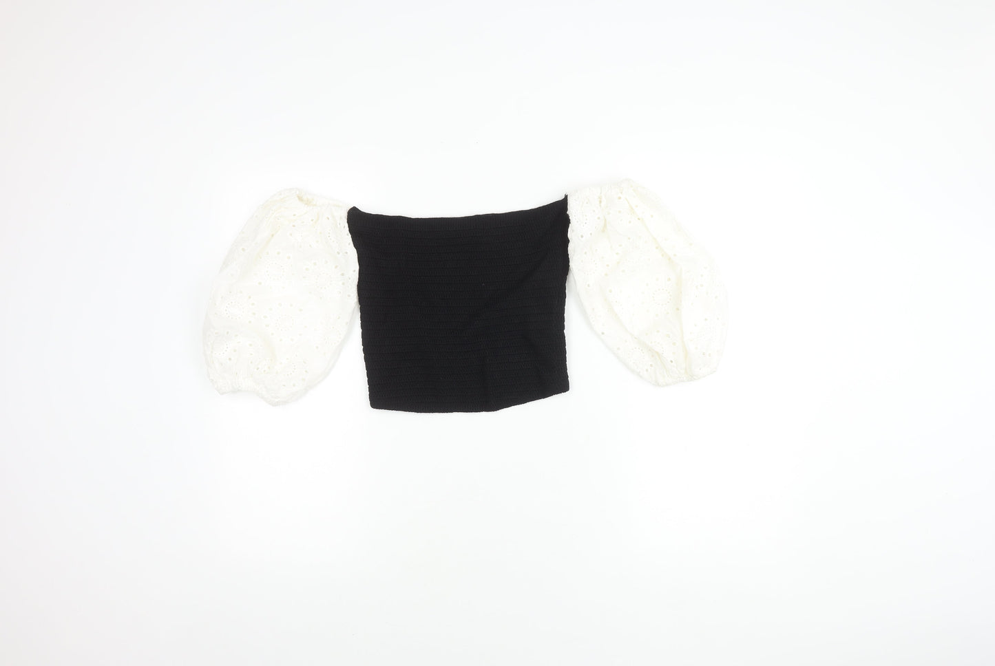 Zara Women's Black Cropped Top with Puff Sleeves - M