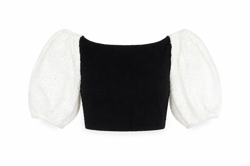 Zara Women's Black Cropped Top with Puff Sleeves - M