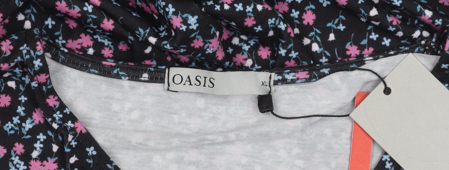Oasis Women's Black Floral V-Neck Long Sleeve Top
