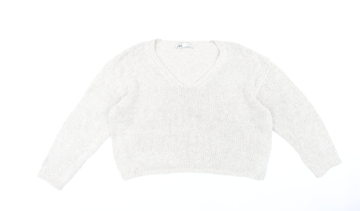Zara Women's Beige V-Neck Chunky Knit Pullover - Size M