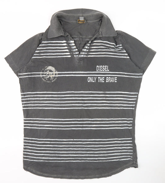 Diesel Men's Grey Striped Polo Shirt, Size L