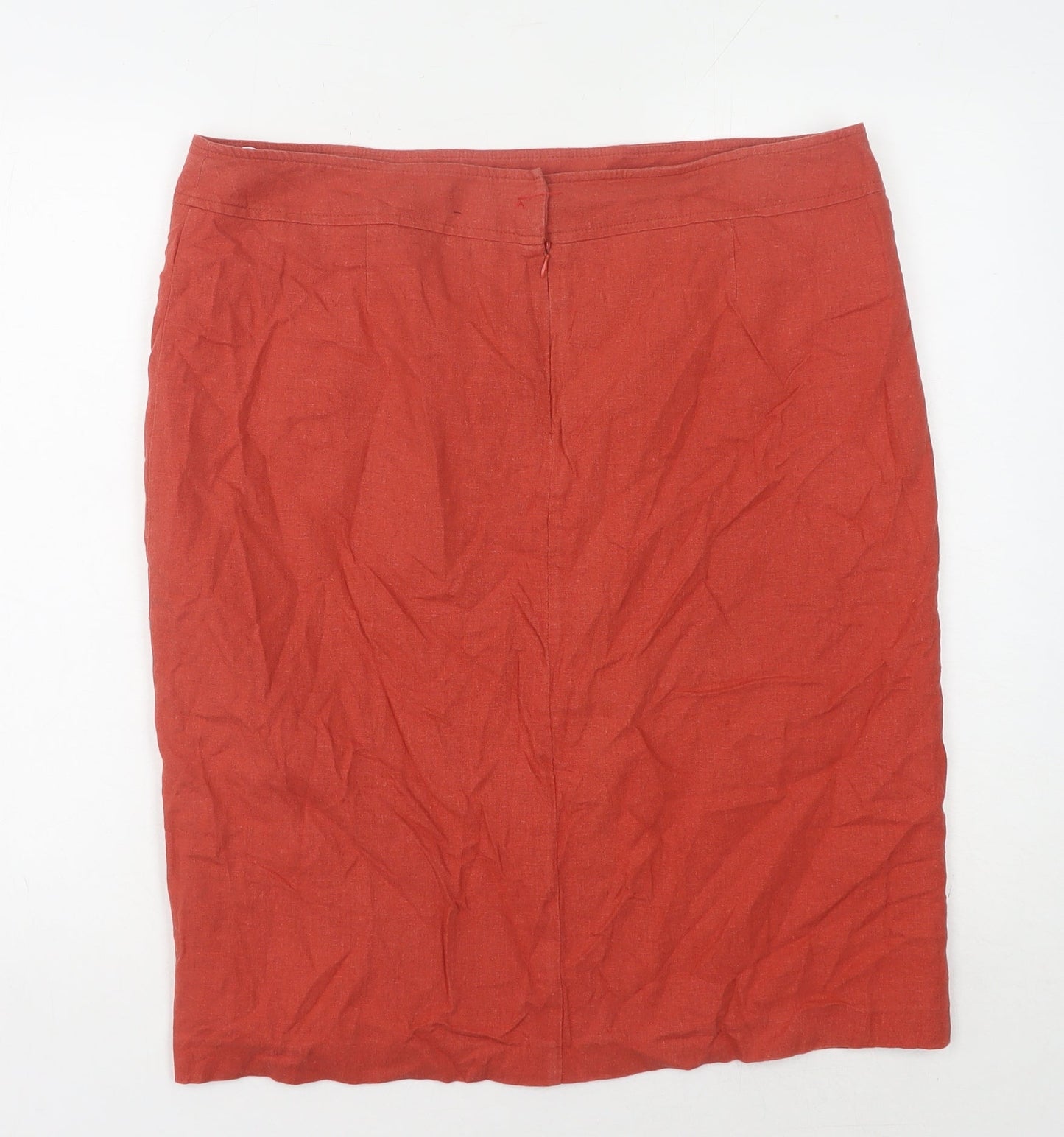 BHS Women's Red Linen Pencil Skirt Size 16 with Button Accent