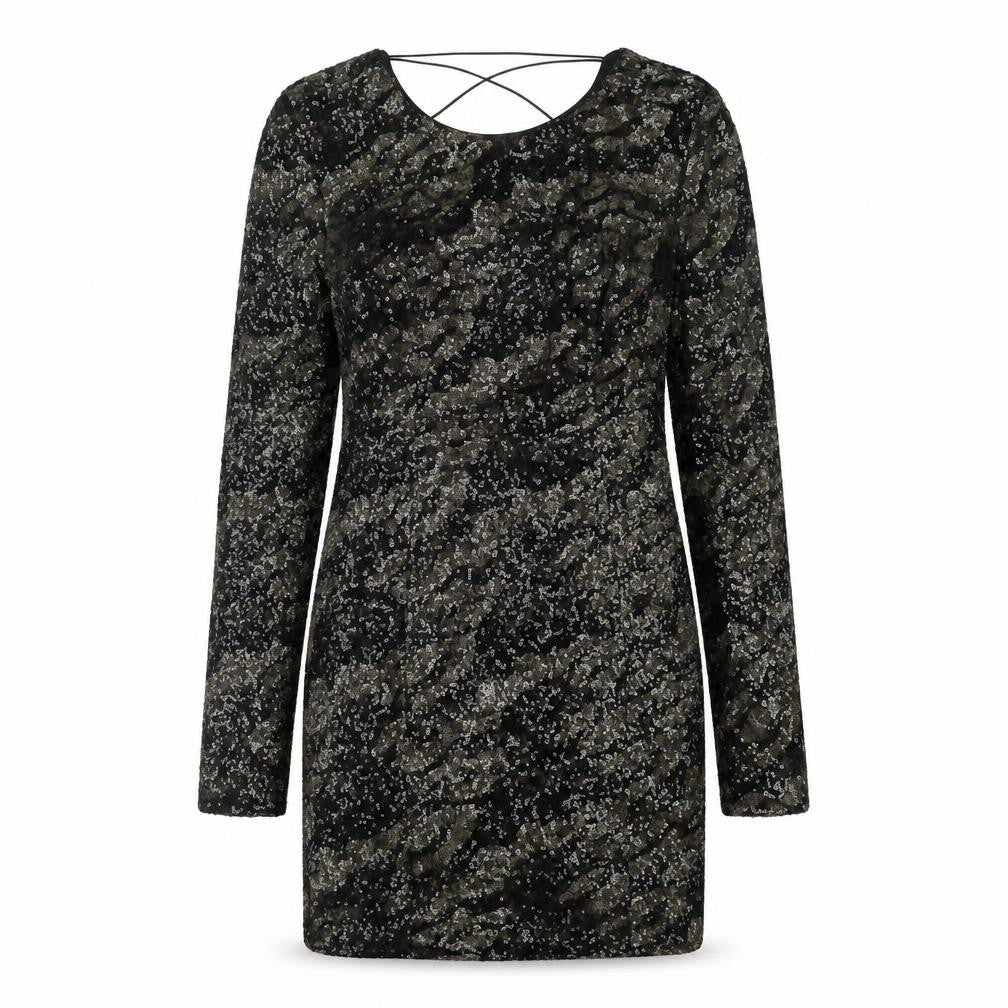 Front view of Guess Women's Black Sequin Mini Bodycon Dress, size 6