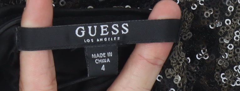 Close-up detail of Guess Women's Black Sequin Mini Bodycon Dress, size 6