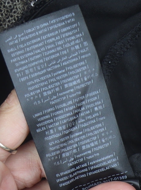 Brand and care label for Guess Women's Black Sequin Mini Bodycon Dress, size 6