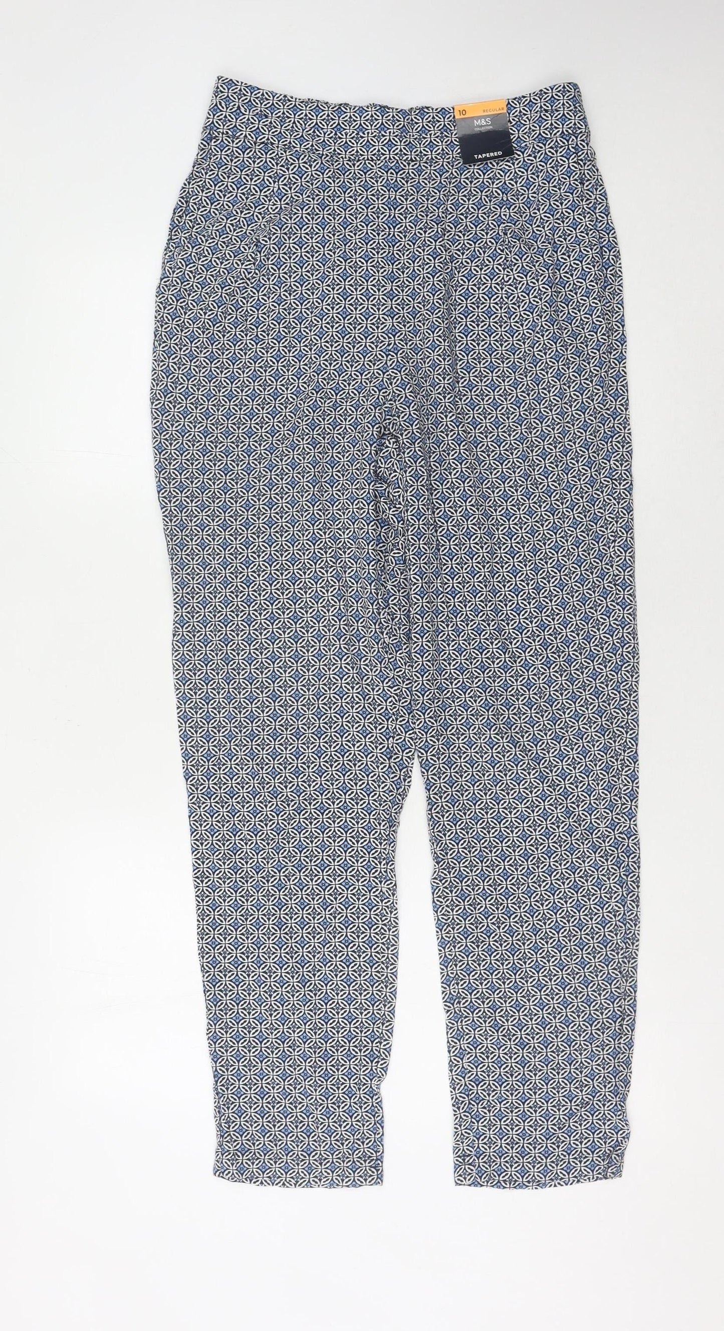 Marks and Spencer Blue Geometric Tapered Trousers, Size 10