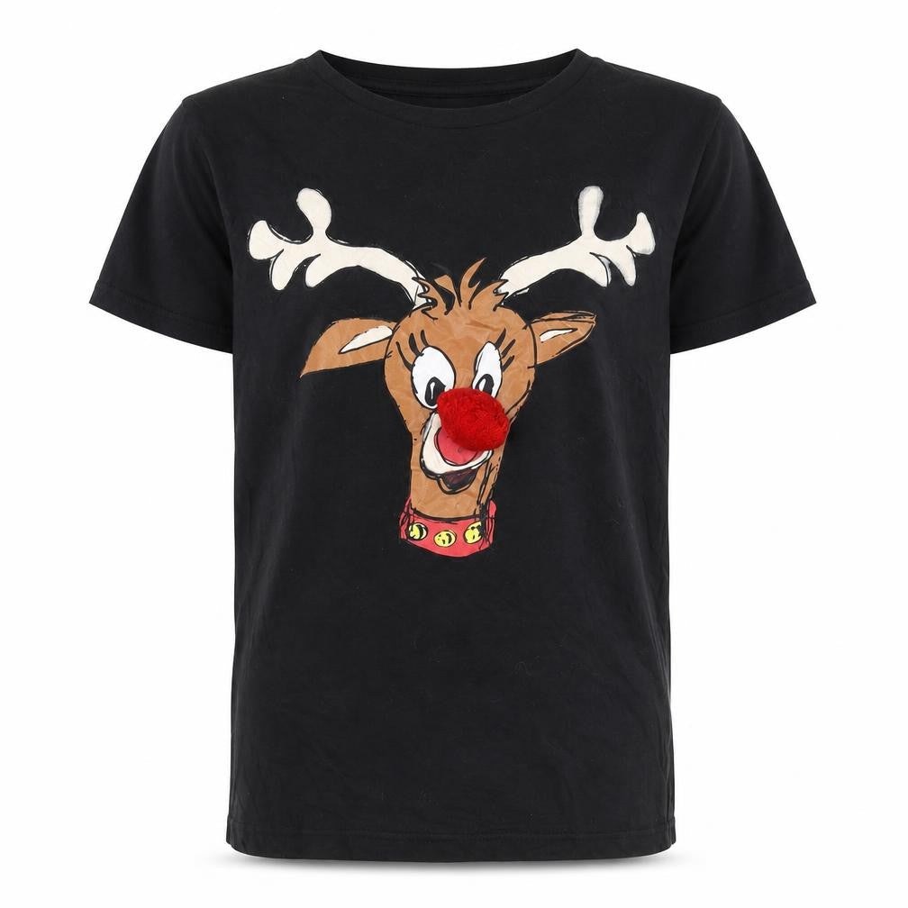 Front view of Sophie girls’ black reindeer t-shirt 14-15 years