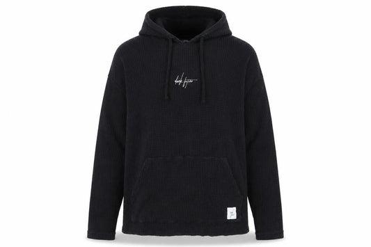 Front view of ASOS DESIGN Men's Black Knit Hoodie, S, with Logo