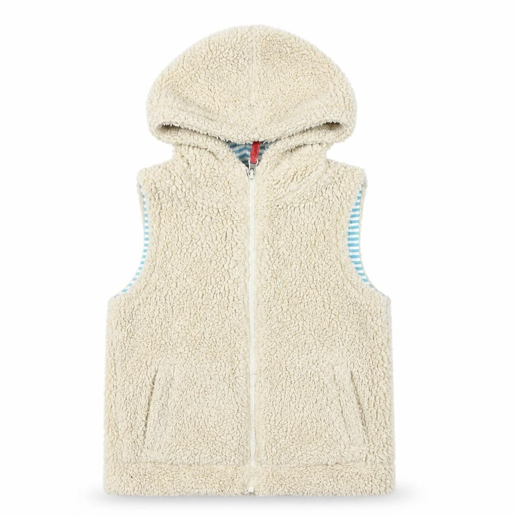 Front view of Mini Boden girls’ beige hooded sleeveless jacket 7-8 years