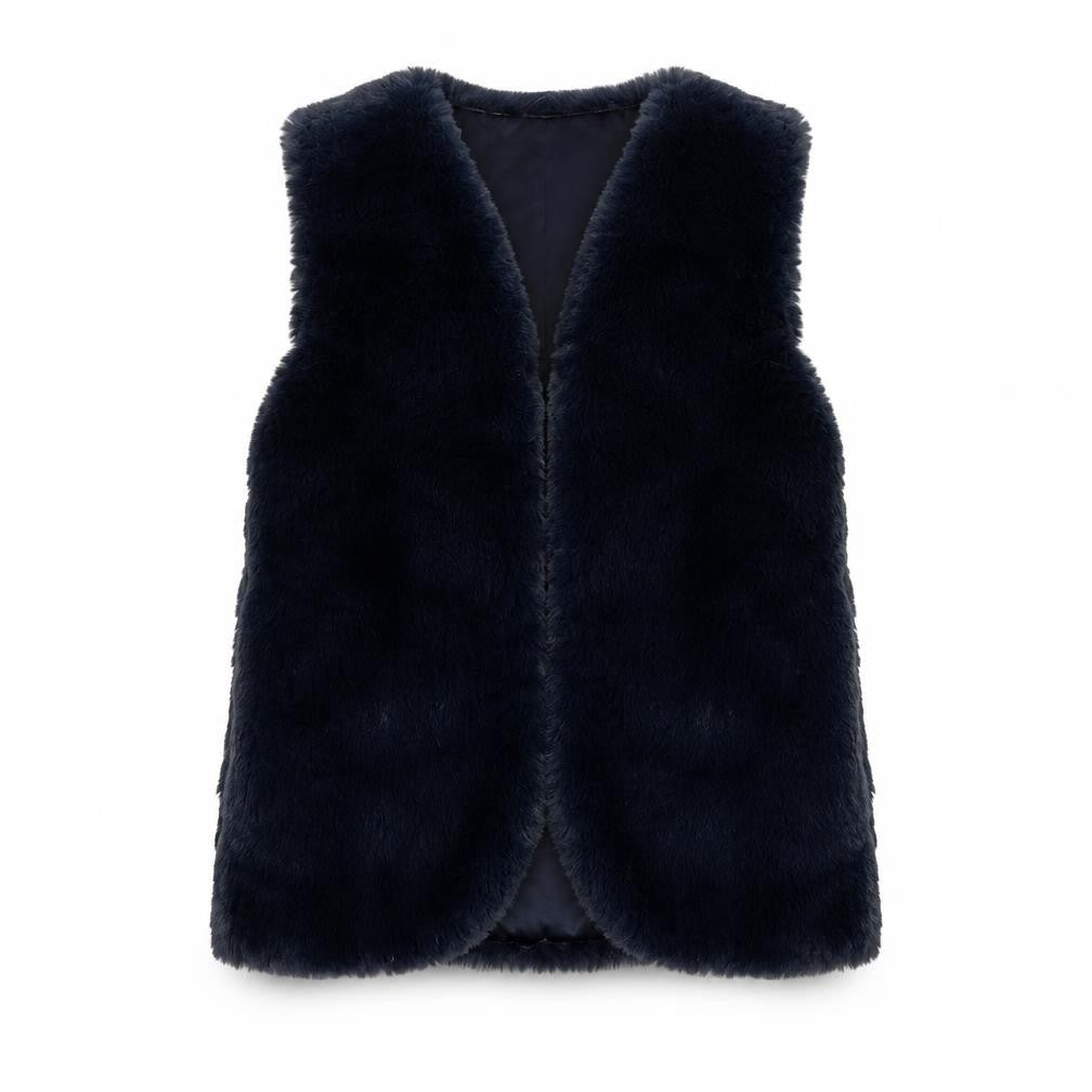 Front view of Marks & Spencer girls’ navy faux fur waistcoat 8-9 years
