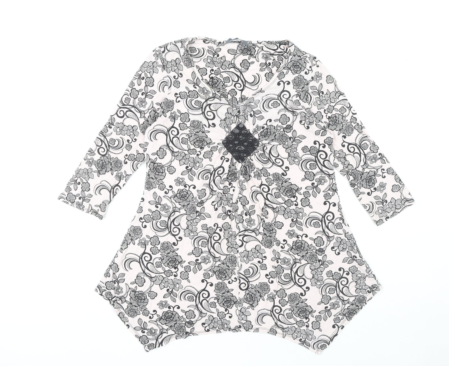 W Women's Black Floral 3/4 Sleeve Top Size 14