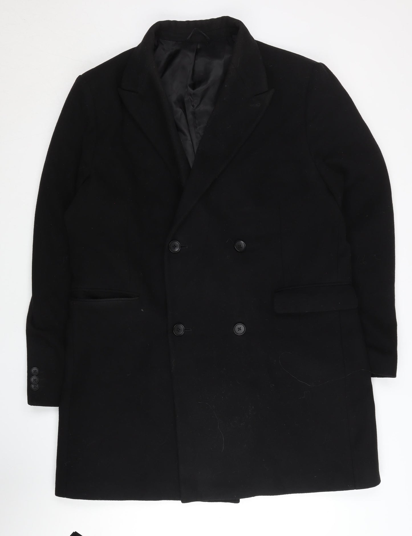 Moss London Men's Black Slim Fit Overcoat, Size 46R