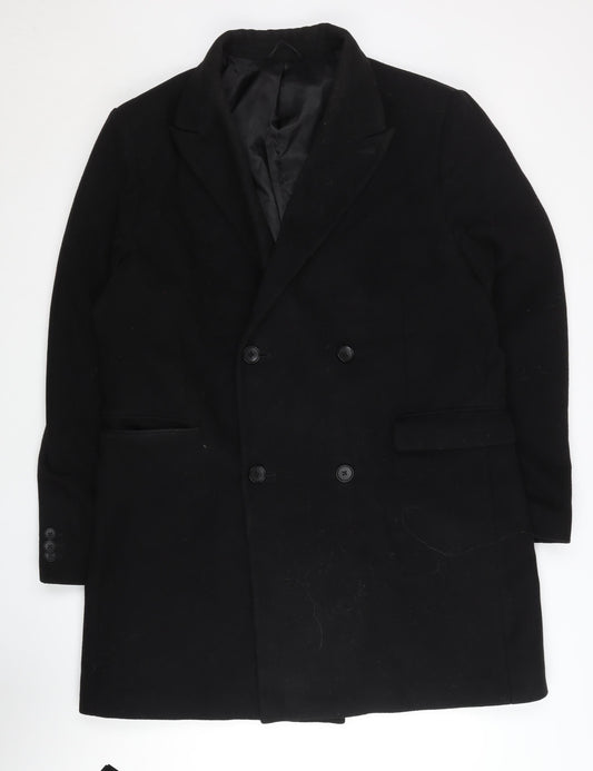 Moss London Men's Black Slim Fit Overcoat, Size 46R