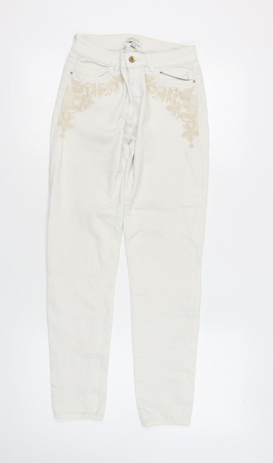 Cortefiel Women's Ivory Skinny Jeans, Size 2XS, Embroidered