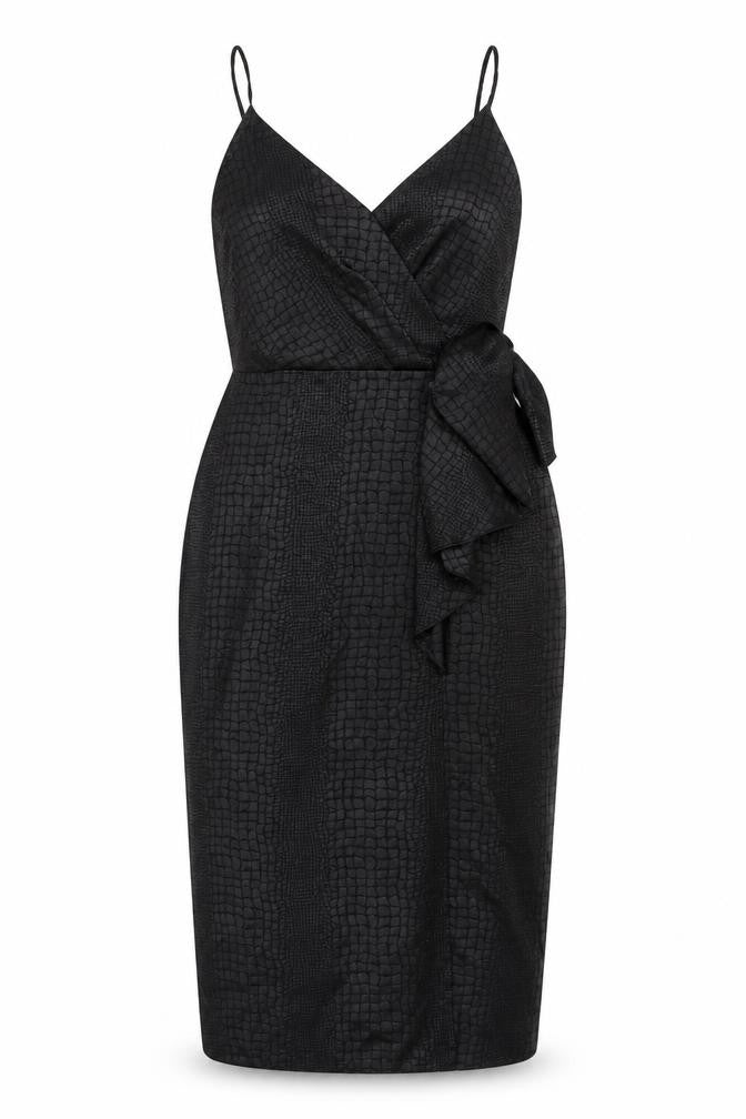 Front view of New Look Women's Black Wrap Midi Dress, size 12