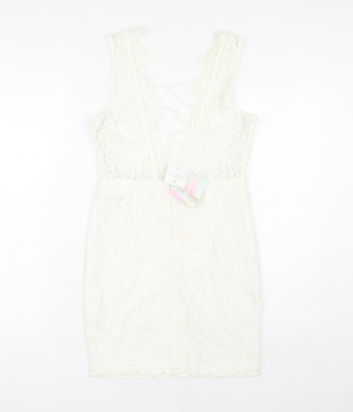 Back view of Missguided women’s ivory short sheath dress, size UK 8