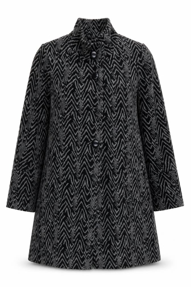 Front view of Roman Women's Black Geometric Buttoned Coat M