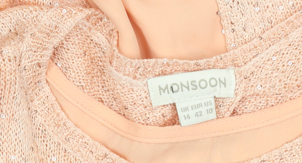 Monsoon Women's Peach Sequin 3/4 Sleeve Top Size 14
