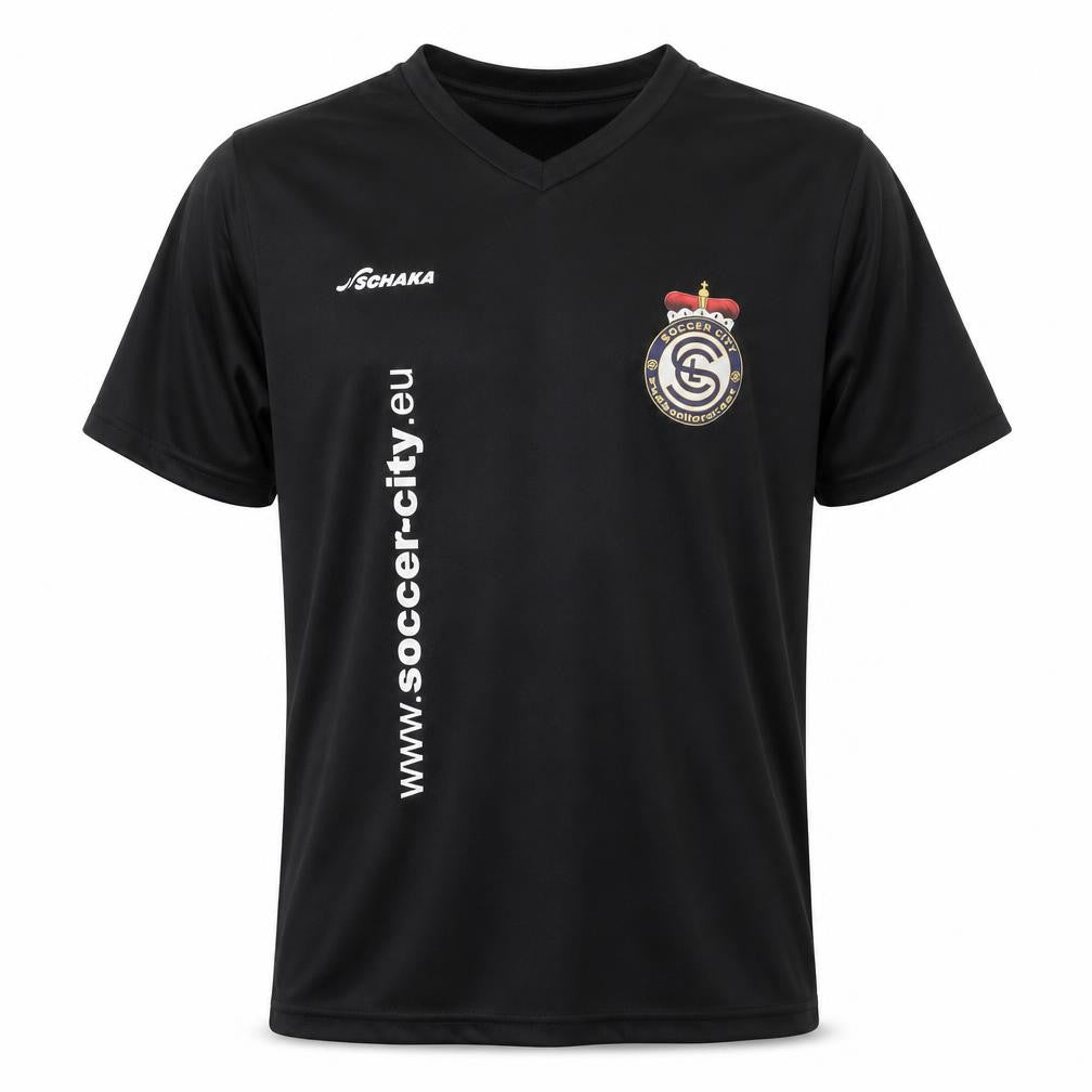 Front view of Soccer City boys’ black v-neck football t-shirt, size 164
