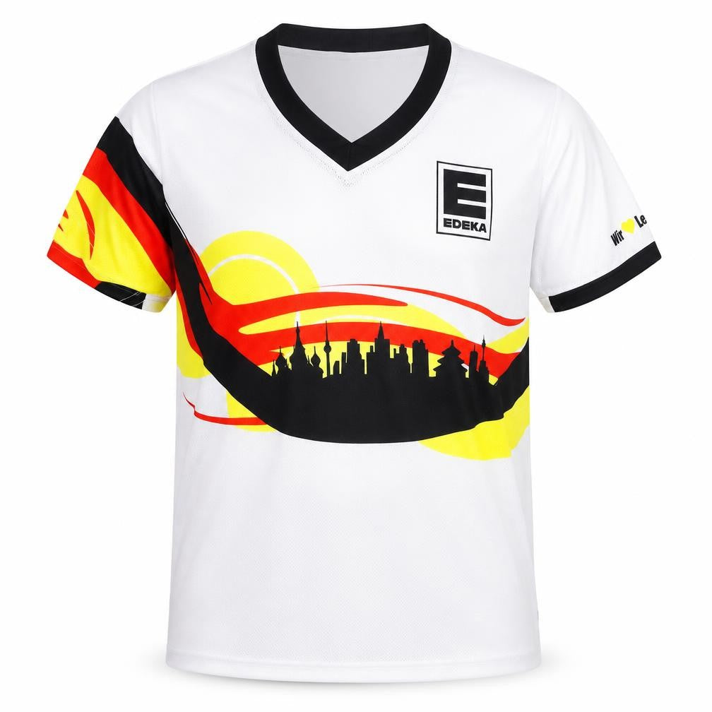 Front view of Edeka boys’' white football jersey t-shirt, medium, graphic print