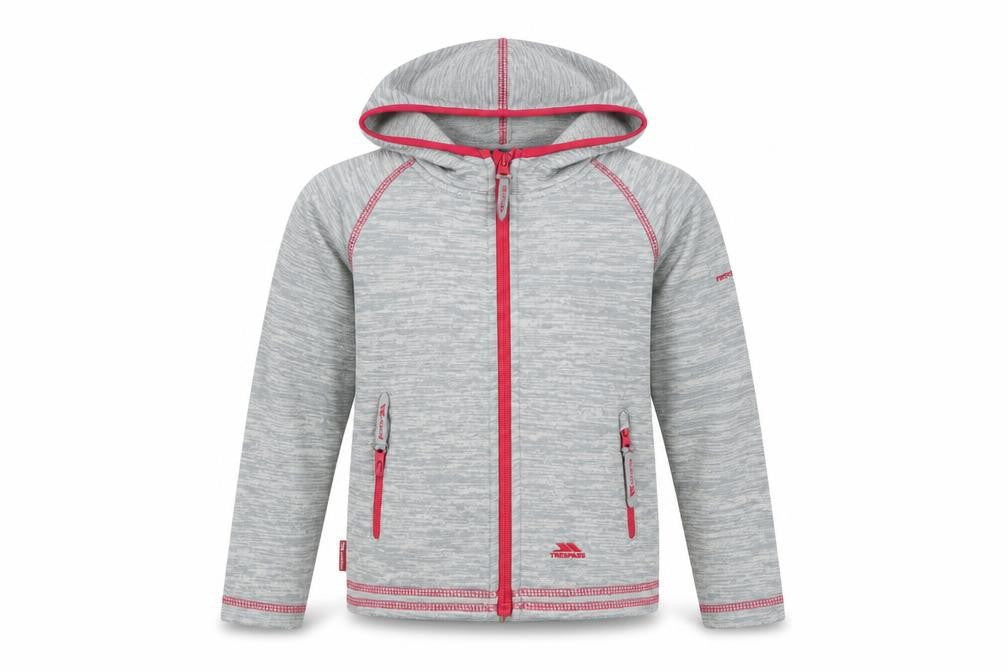 Front view of Trespass girls’ grey full zip hoodie, size 5-6, years