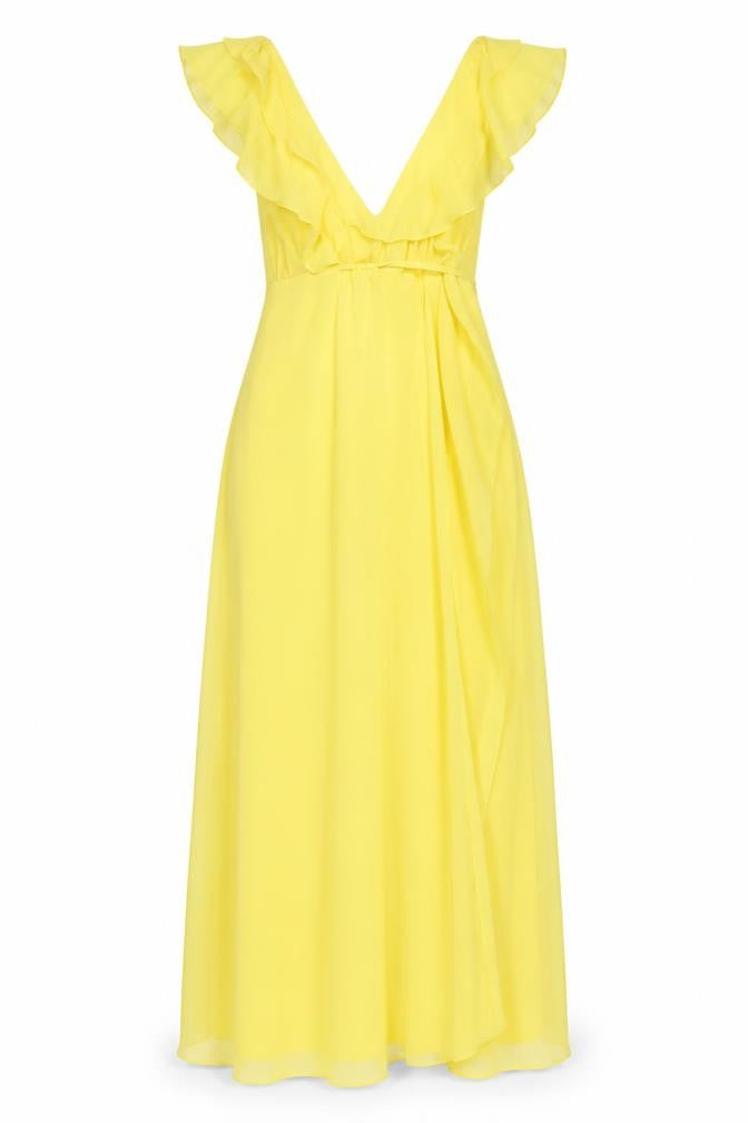 Front view of Boohoo Yellow Off Shoulder Maxi Dress, size 8, Chiffon