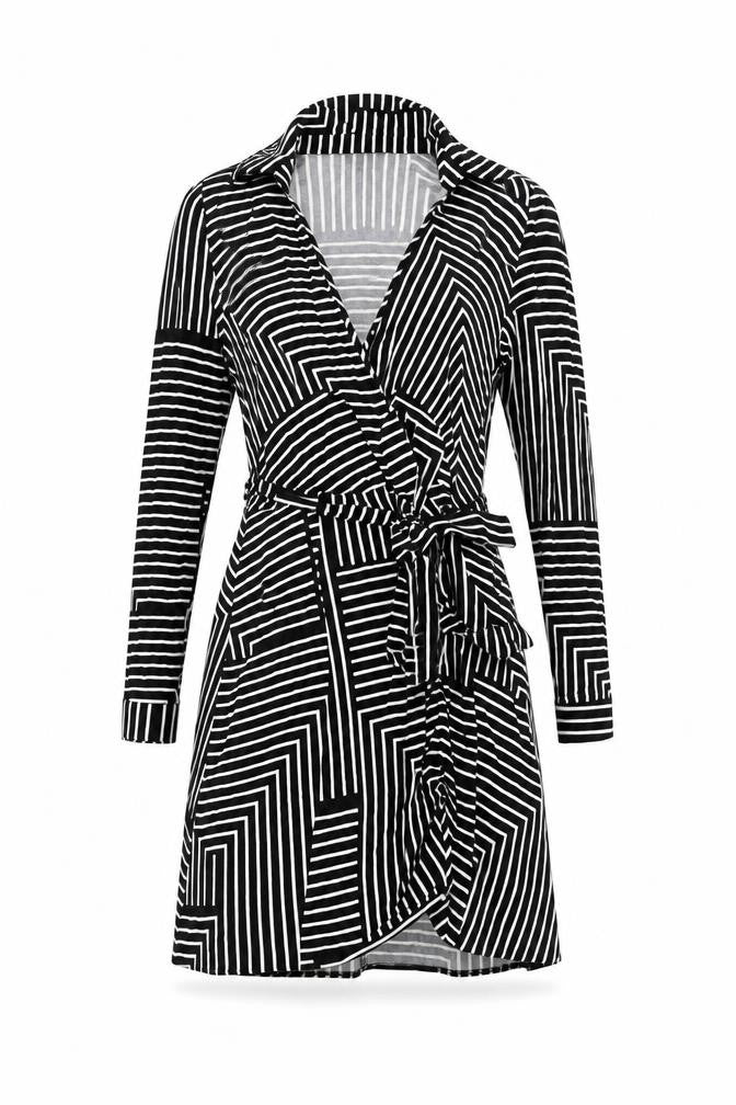 Front view of New Look Women's Black Striped Wrap Dress, size 8
