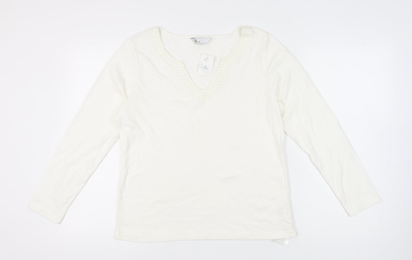 BHS Women's White V-Neck Beaded Cotton Top Size 20