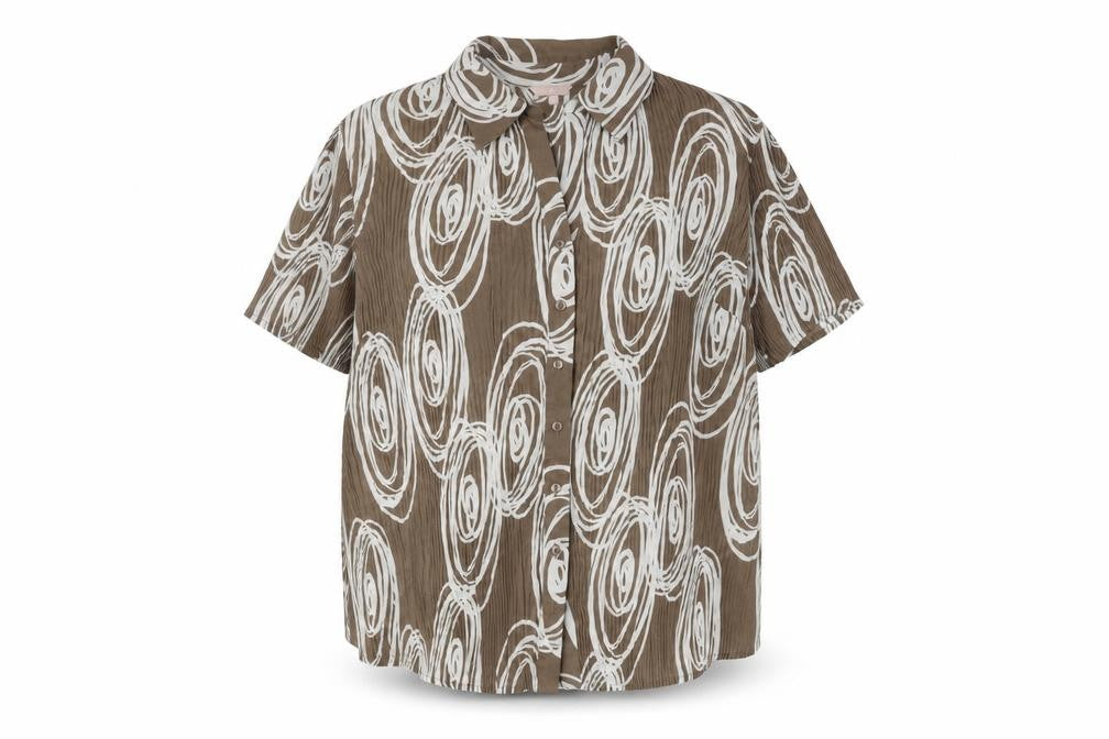 Front view of Soon Women's Brown Geometric Button-Up Shirt, size 20