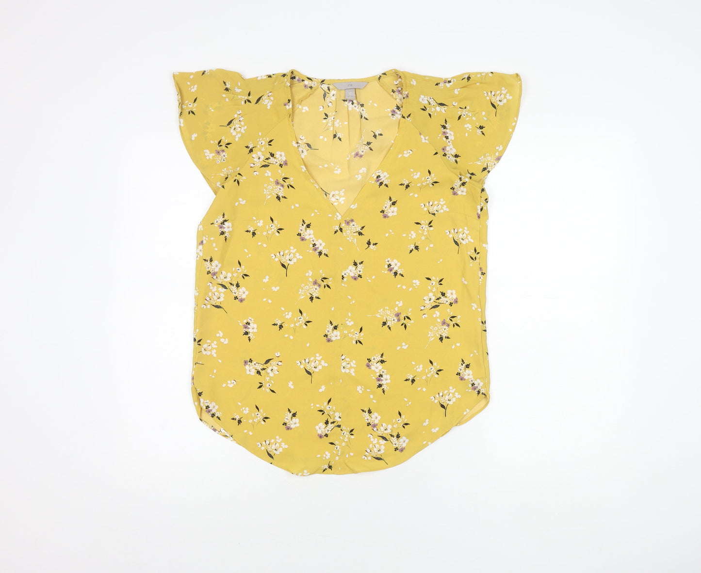 H&M Women's Yellow Floral Blouse Size 8 V-Neck