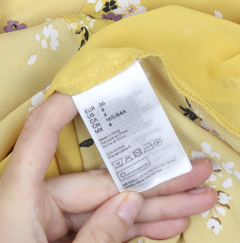 H&M Women's Yellow Floral Blouse Size 8 V-Neck