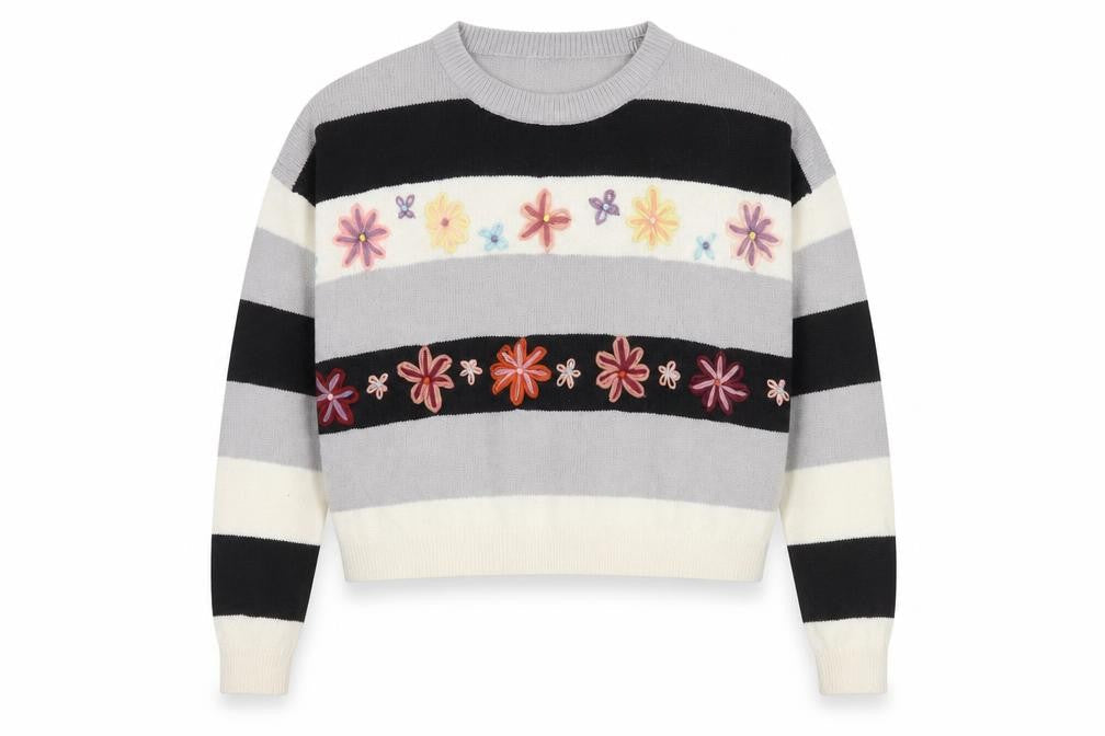 Front view of Girl with the Golden Locket Women's Grey Floral Jumper, size M
