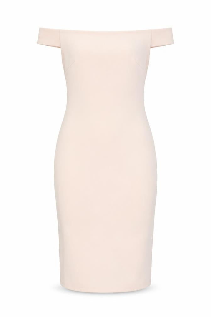 Front view of Goddess London Beige Bodycon Dress, Women's Off Shoulder, size 10