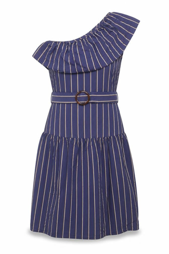 Front view of Topshop Women Blue Striped Dress, size 10, Belted