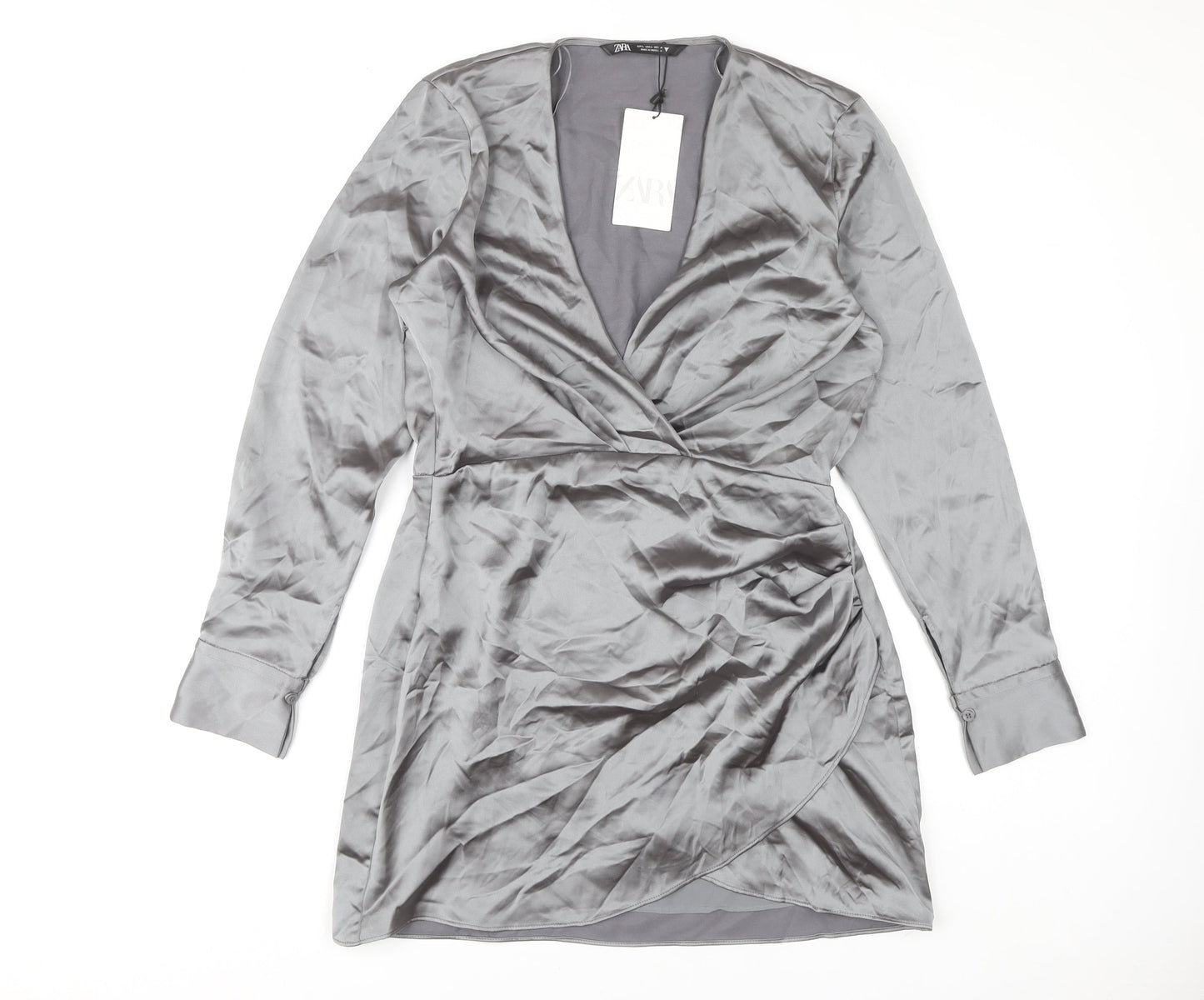 Zara Women’s Grey Wrap Dress, Size 14, Satin