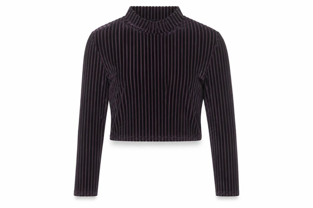 Front view of Wednesday's Girl Women's Striped Velvet Cropped Top, M