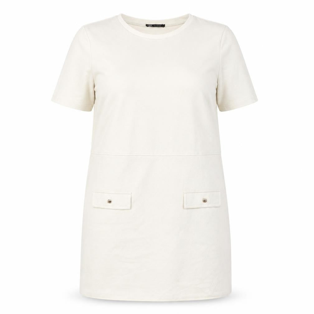 Front view of Zara Women's Ivory Shift Dress, size 16, Short Sleeve