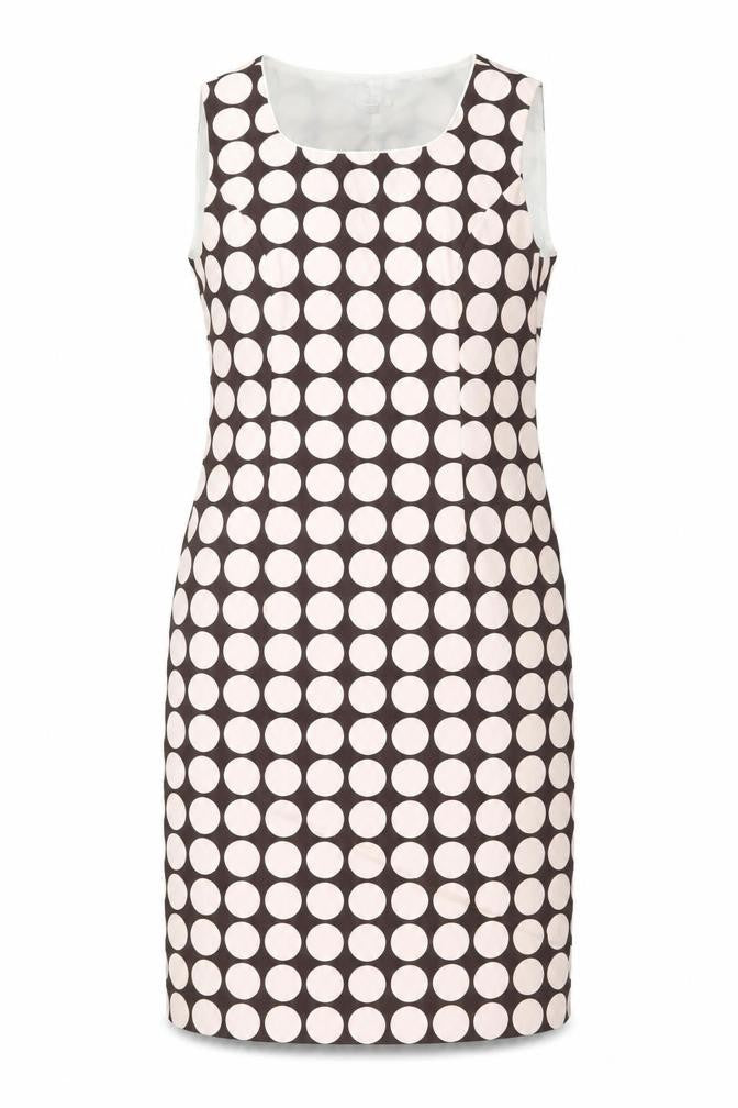 Front view of Country Casuals Petite Women's Brown Polka Dot Sheath Dress, size 8