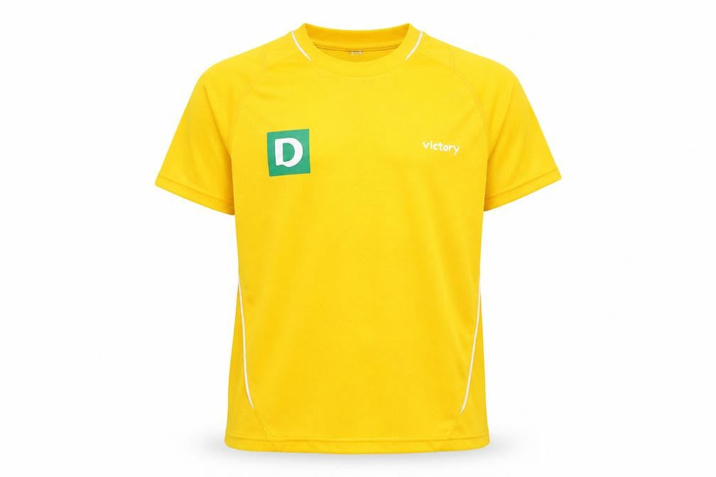 Front view of Victory boys’ yellow football t-shirt, size 8 plus