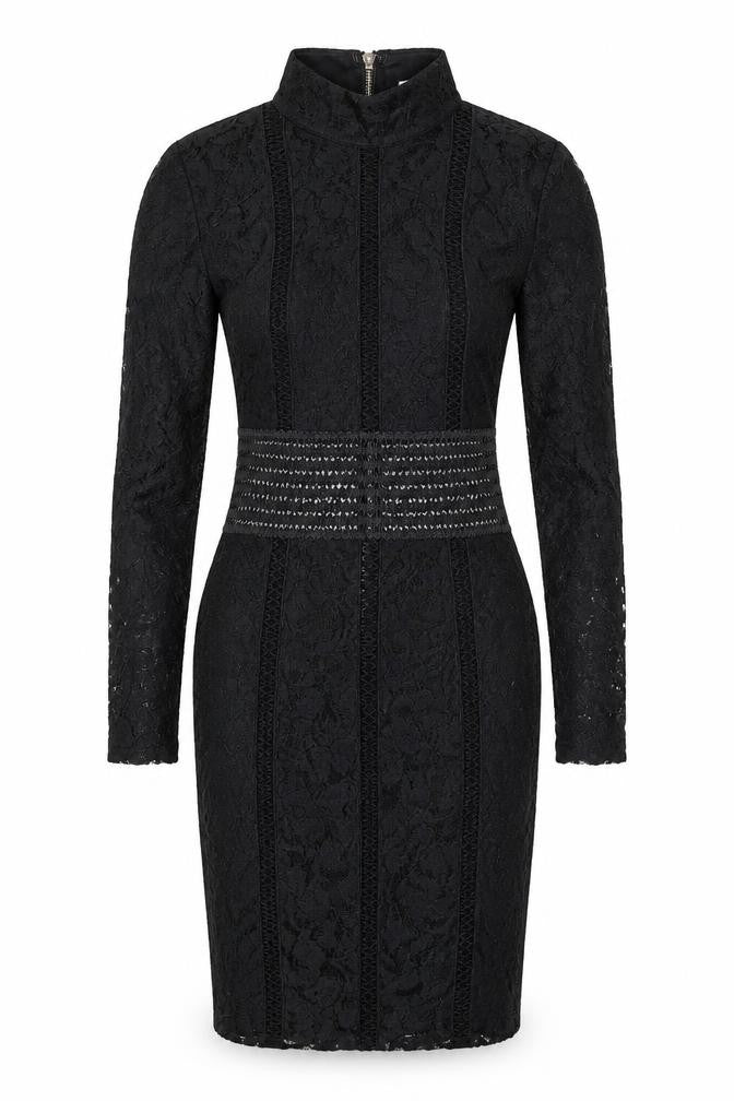 Front view of Rare London Women's Black, size 8, Bodycon Lace Dress