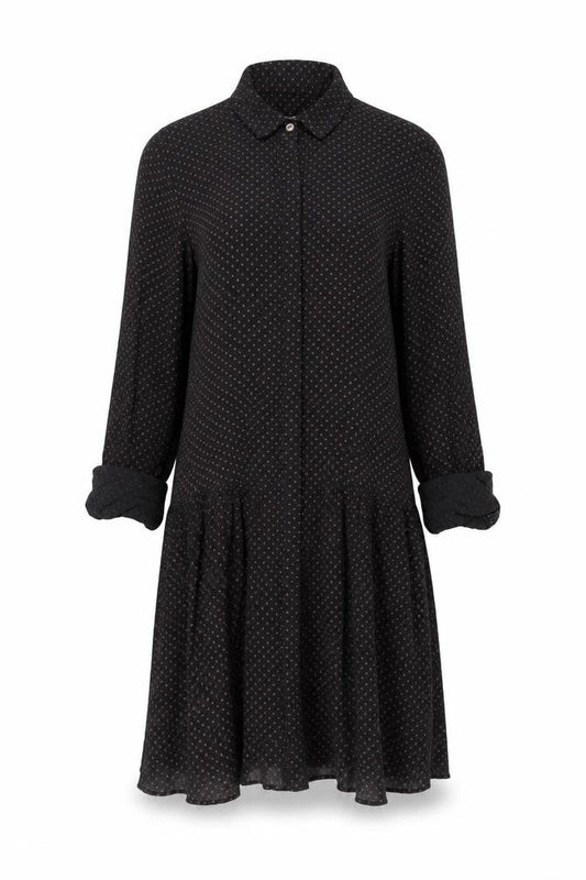 Front view of FatFace Women's Black Shirt Dress, size 6, Polka Dot