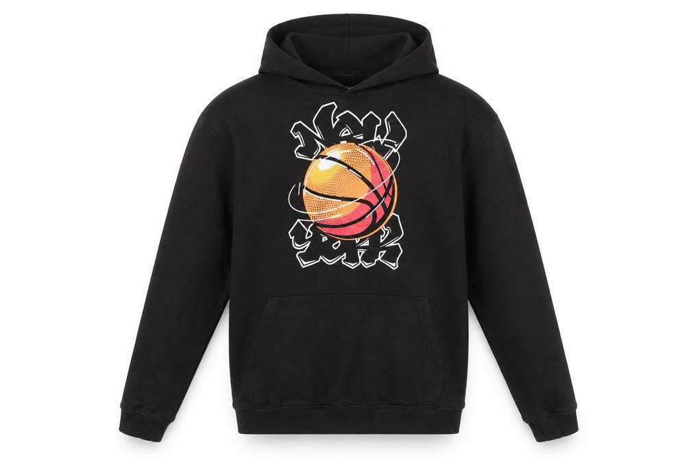 Front view of H&M boys’ black pullover hoodie basketball graphic 14 plus