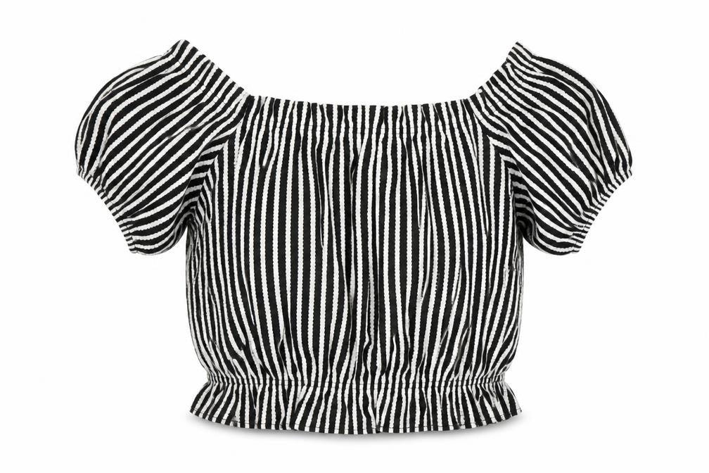 Front view of H&M Women's Black Striped Puff Sleeve Cropped Blouse