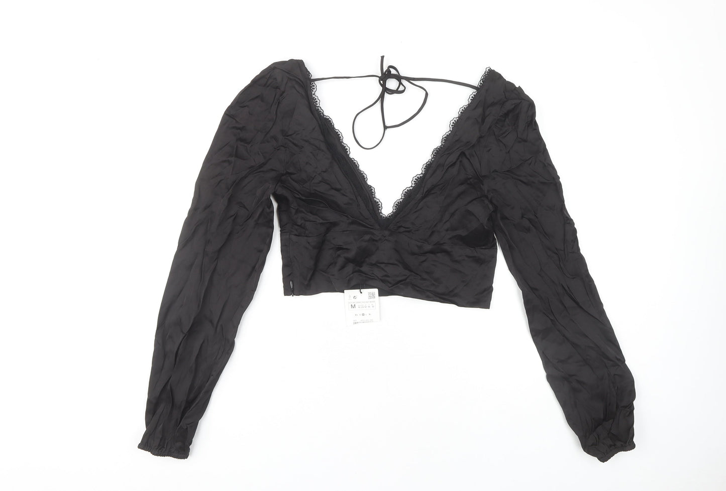 Zara Women's Black Cropped Blouse Size 12 Halter Lace