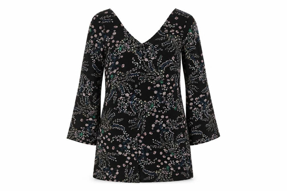Front view of Glamorous Women's Black Floral V-Neck Dress, size 6