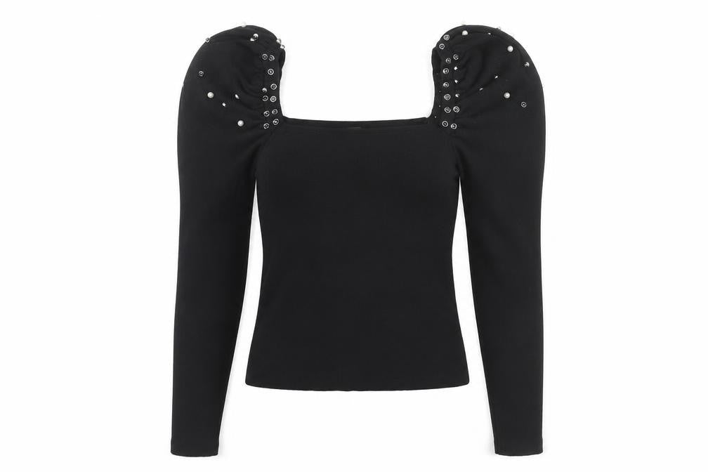 Mochy Women's Black Puff Sleeve Studded Top, One Size