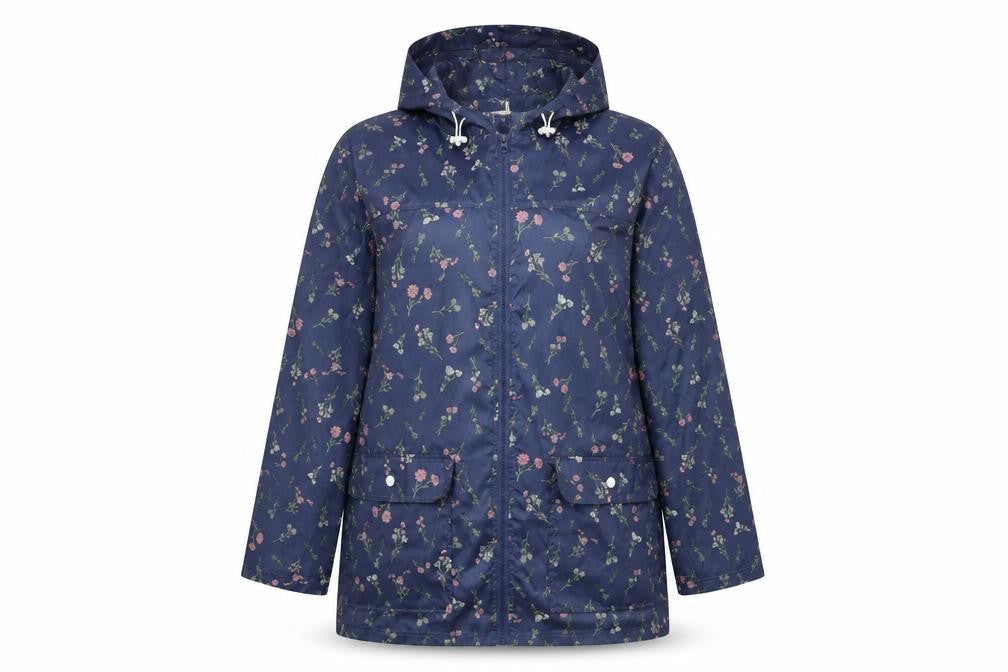 Front view of Anne De Lançay Women's Blue Floral Rain Coat M