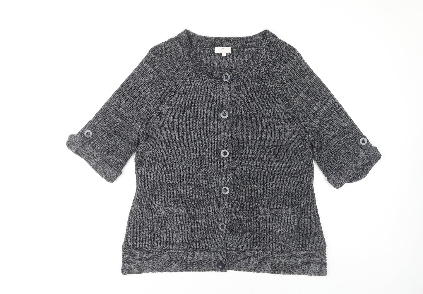 CC Women's Grey 3/4 Sleeve Cardigan, Size L, Casual Chunky-Knit